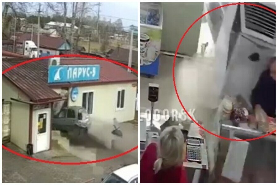 Момент ДТП в Белогорске где машина на скорости снесла стену магазина и сбила покупателя попал на видео