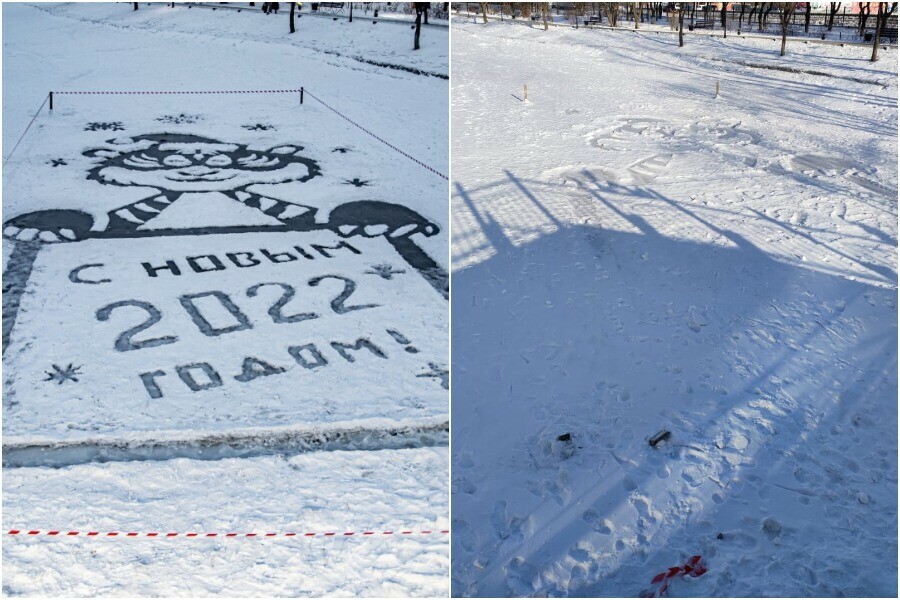 В благовещенском парке Дружбы недавно созданную новую ледовую открытку засыпало снегом