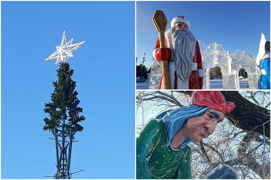На главной елке Благовещенска начали расти ветки а на площадь прилетела Бабаяга и пришел Дед Мороз фото