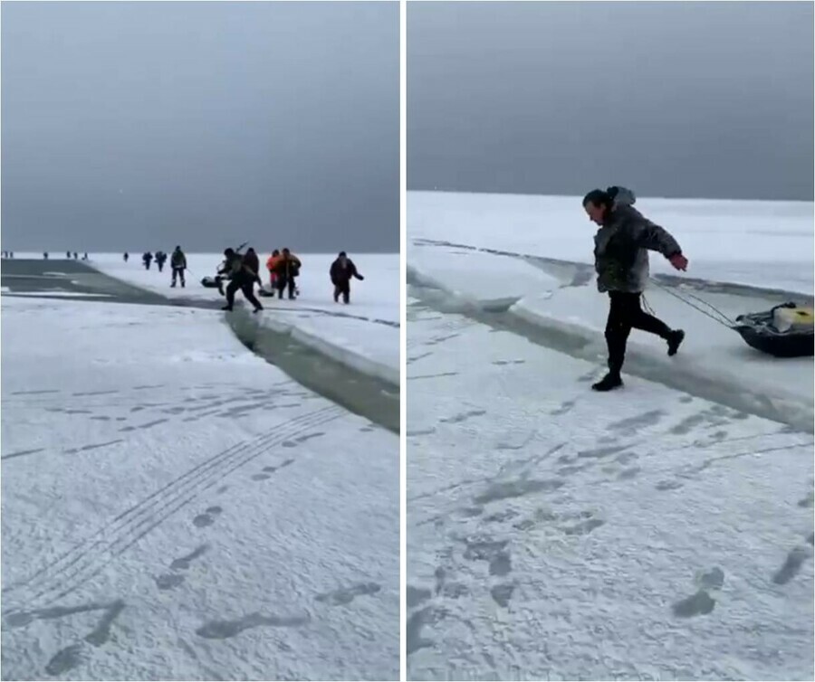 В Приморье оторвало льдину с 50 рыбаками видео