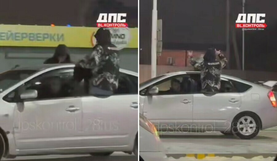 В Благовещенске автомобиль дрифтовал с пассажирами снаружи