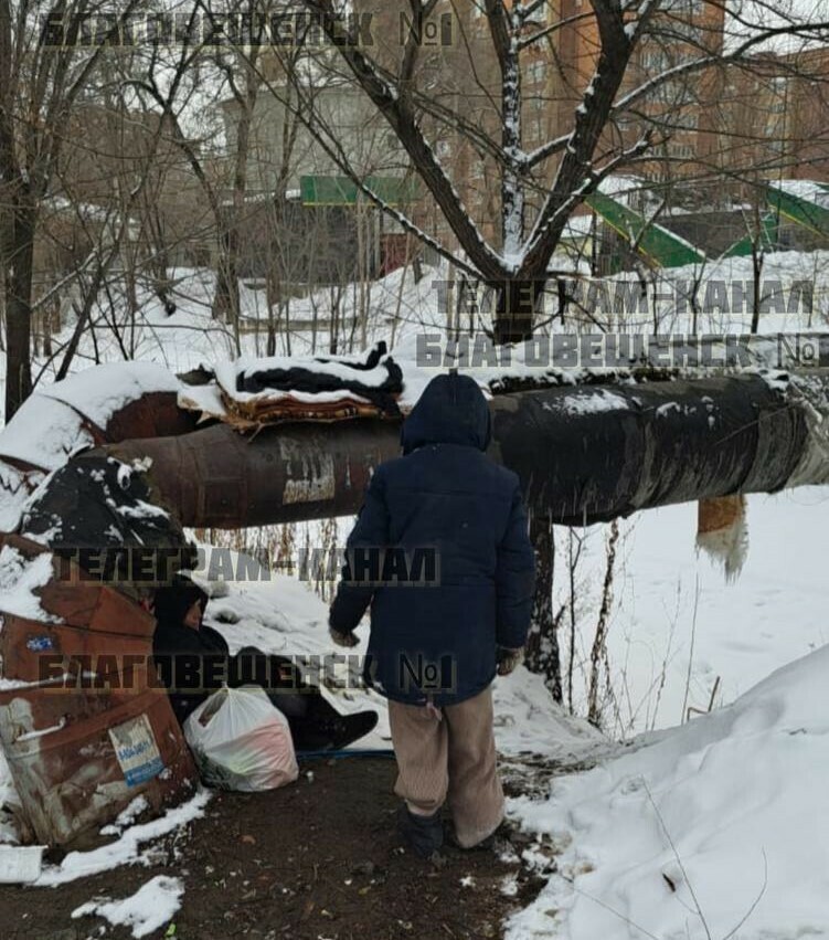 Говорит что выгнали внуки жители Благовещенска заметили пожилую женщину живущую под теплотрассой