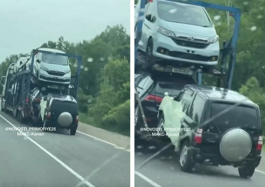 Машинка не влезла На Дальнем Востоке заметили авто которое ехало за автовозом на задних колесах 