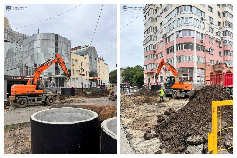 В центре Благовещенска около ТЦ Небесный начались работы по устранению царьлужи 