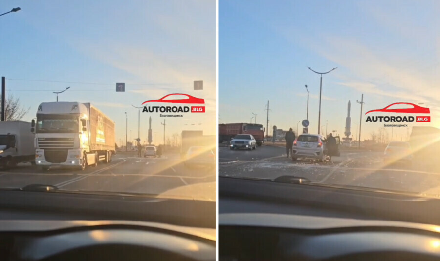 В Благовещенске глыба льда слетела с фуры на легковой автомобиль